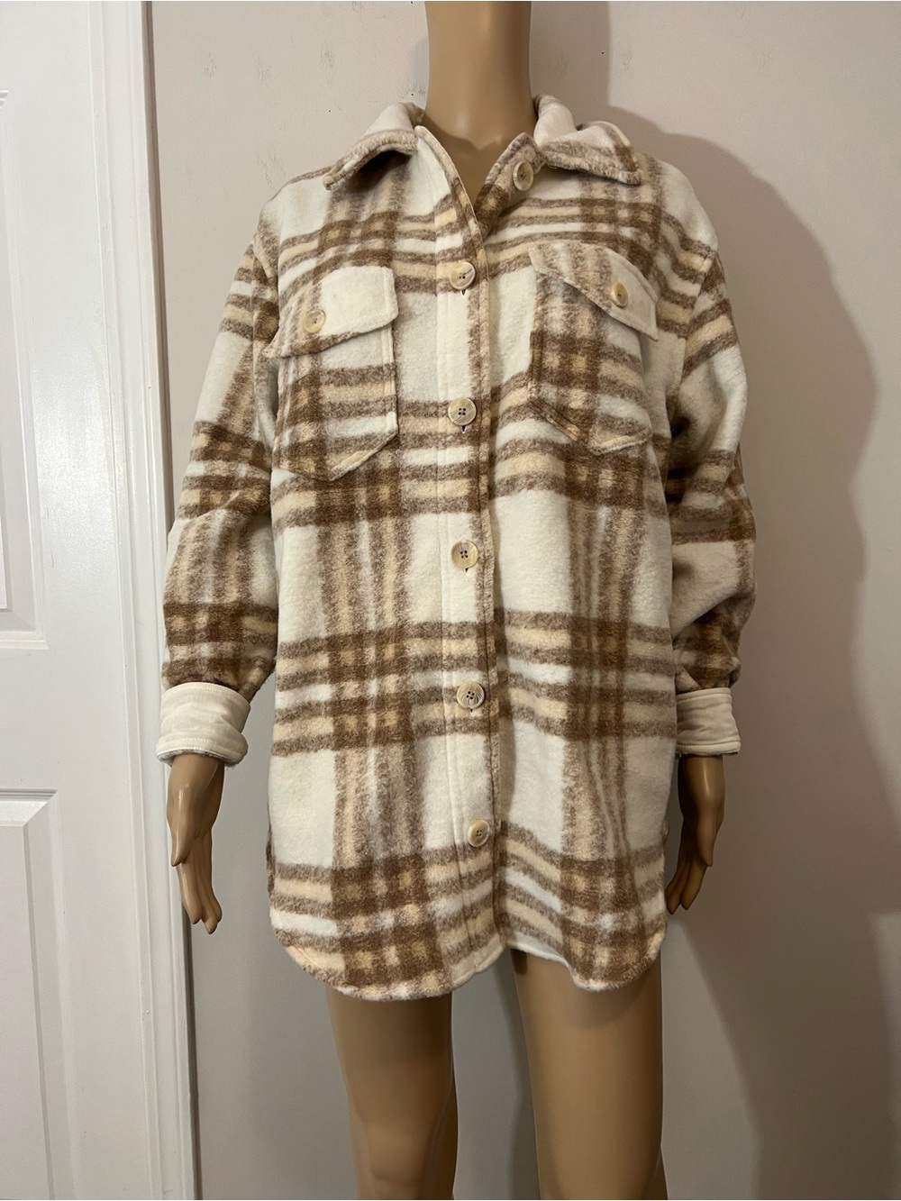 Joie Neutral Tan Cream Plaid Flannel Shirt Jacket Shacket Size medium